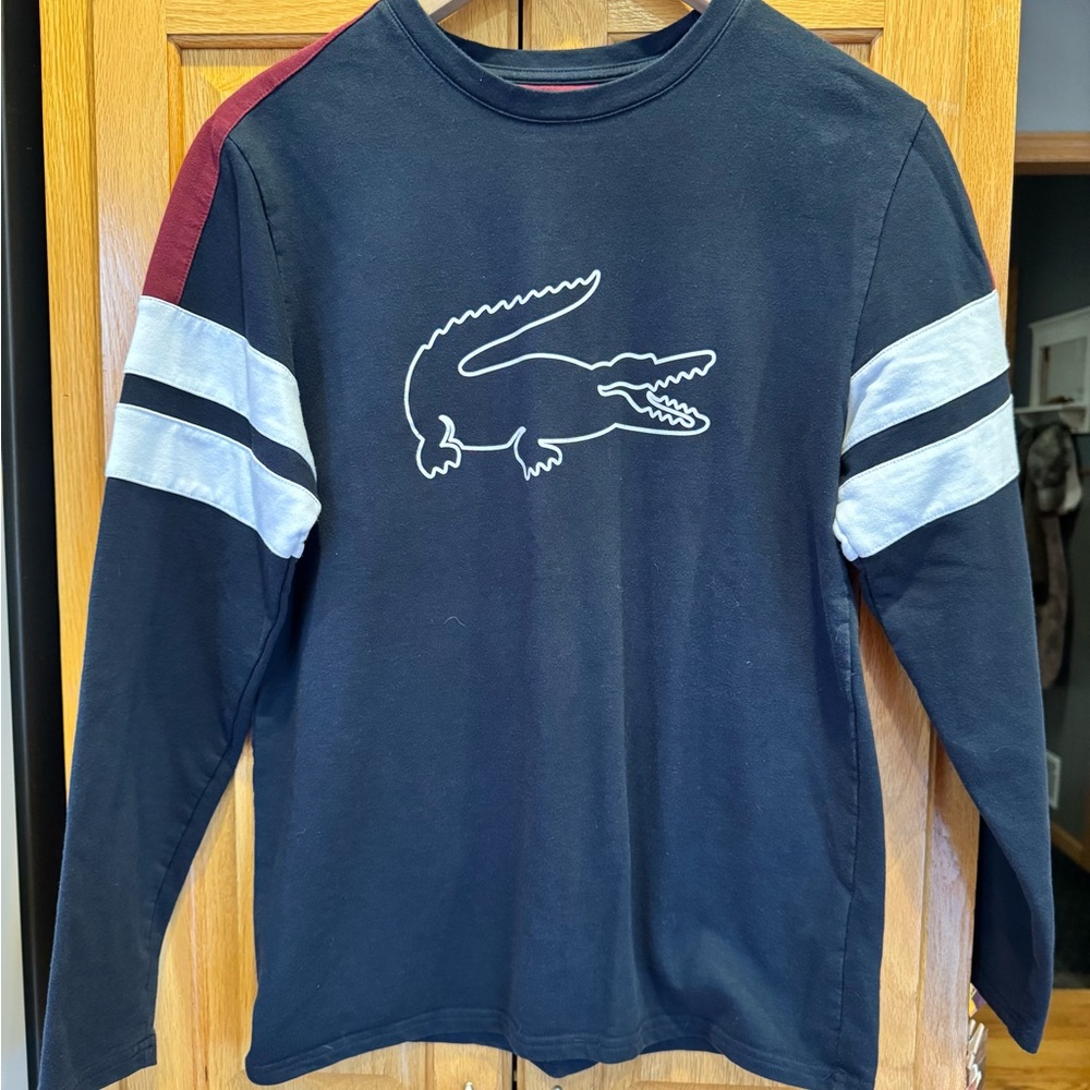 Lacoste Men’s Long-Sleeve Tee in Black with White & Burgundy Accents